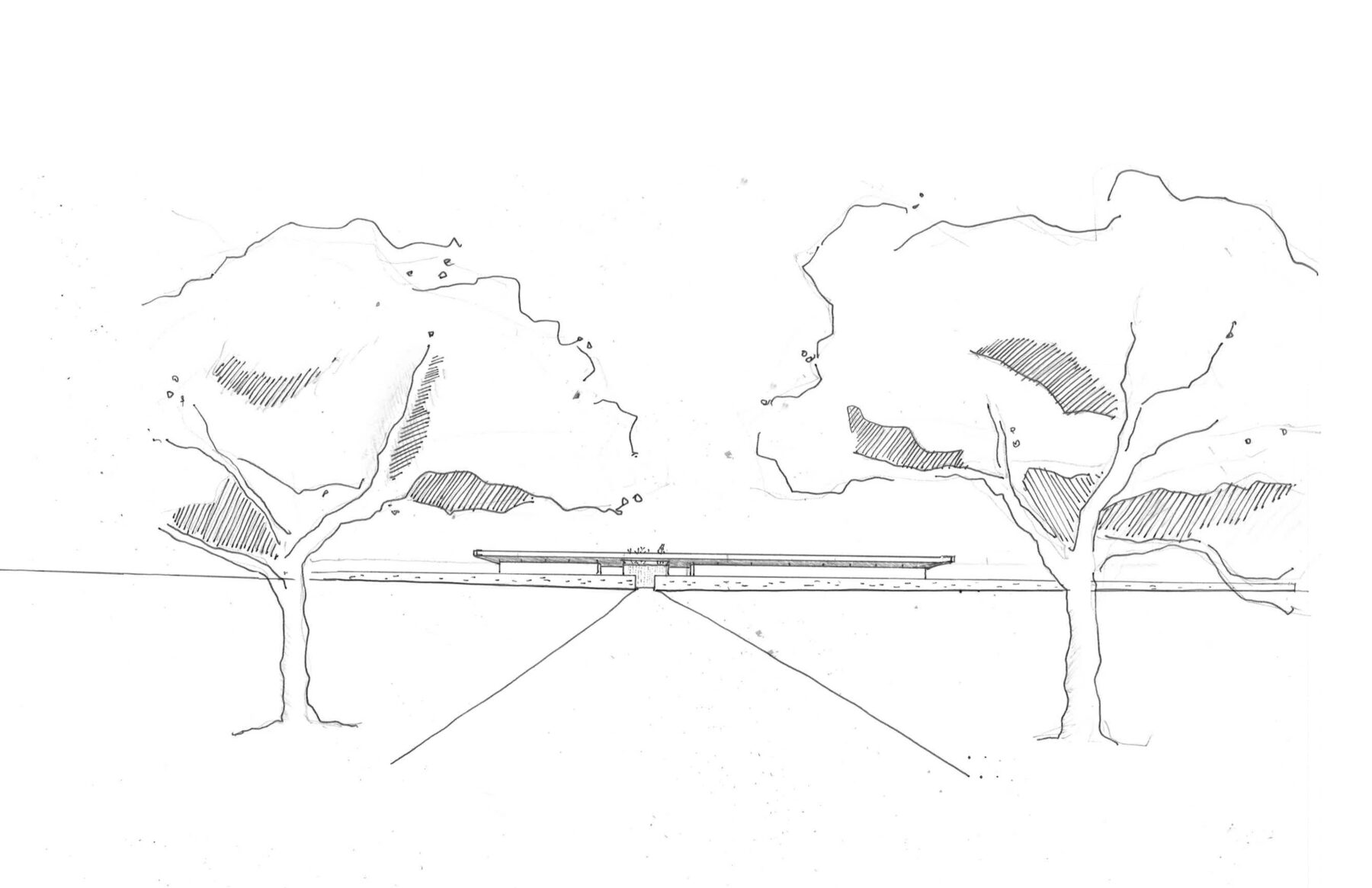 An early line drawing sketch of the Bonnet Springs Park Event Center showing its horizontal emphasis in its long low roofline.