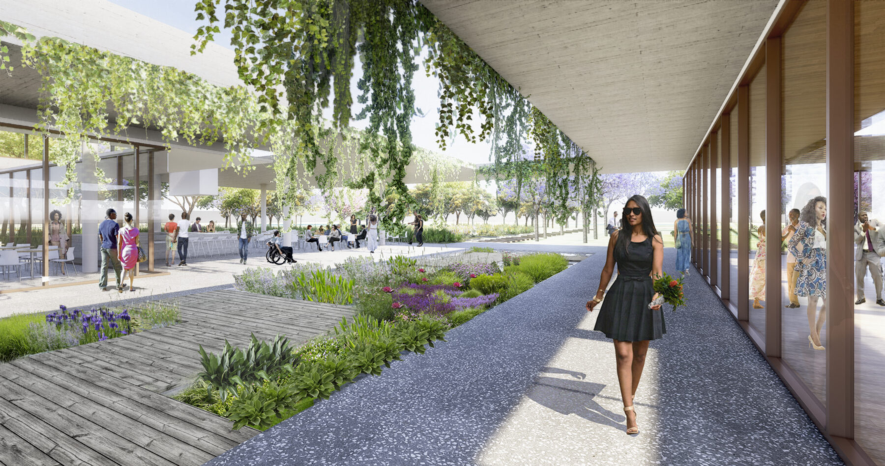 Early rendering of Bonnet Springs Park Event Center's courtyard and water garden, showing plants hanging from roof.