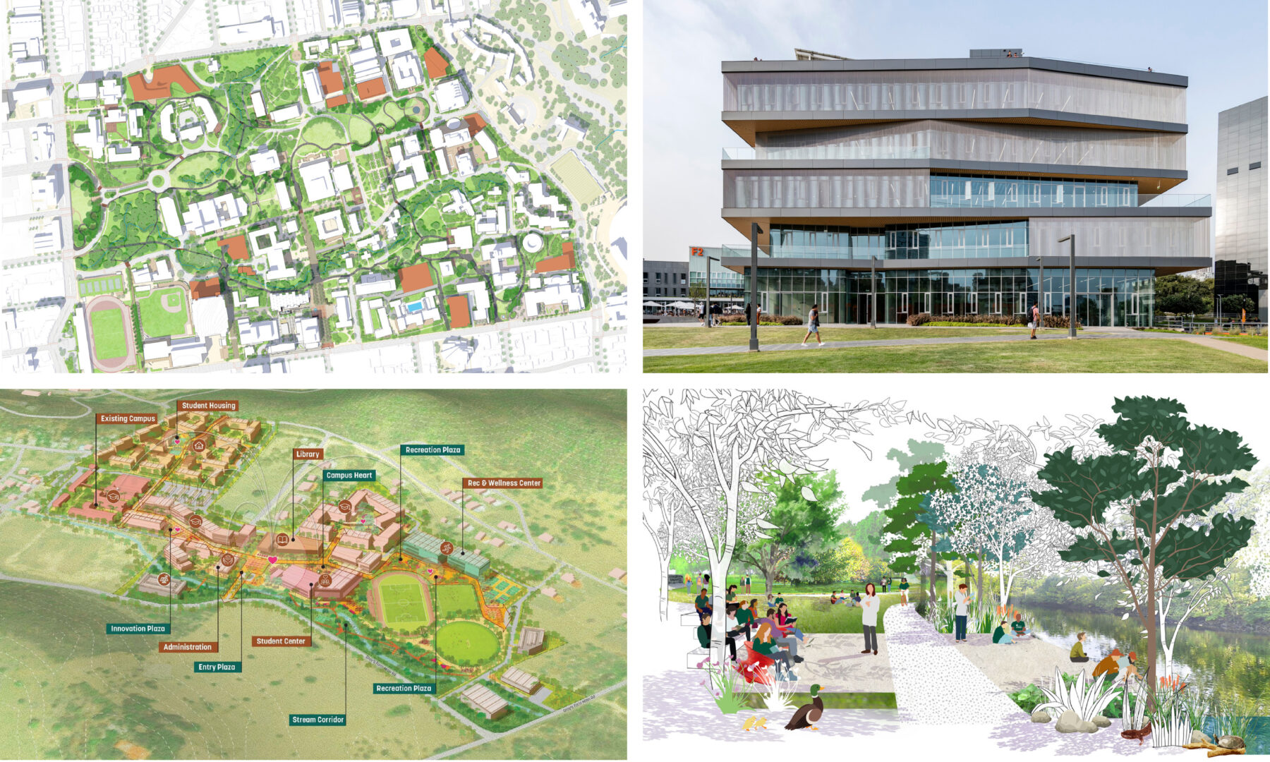 Composite collage with 4 images representing the four winning projects - a campus map, a building exterior, a labeled campus diagram, and a rendering of a campus landscape