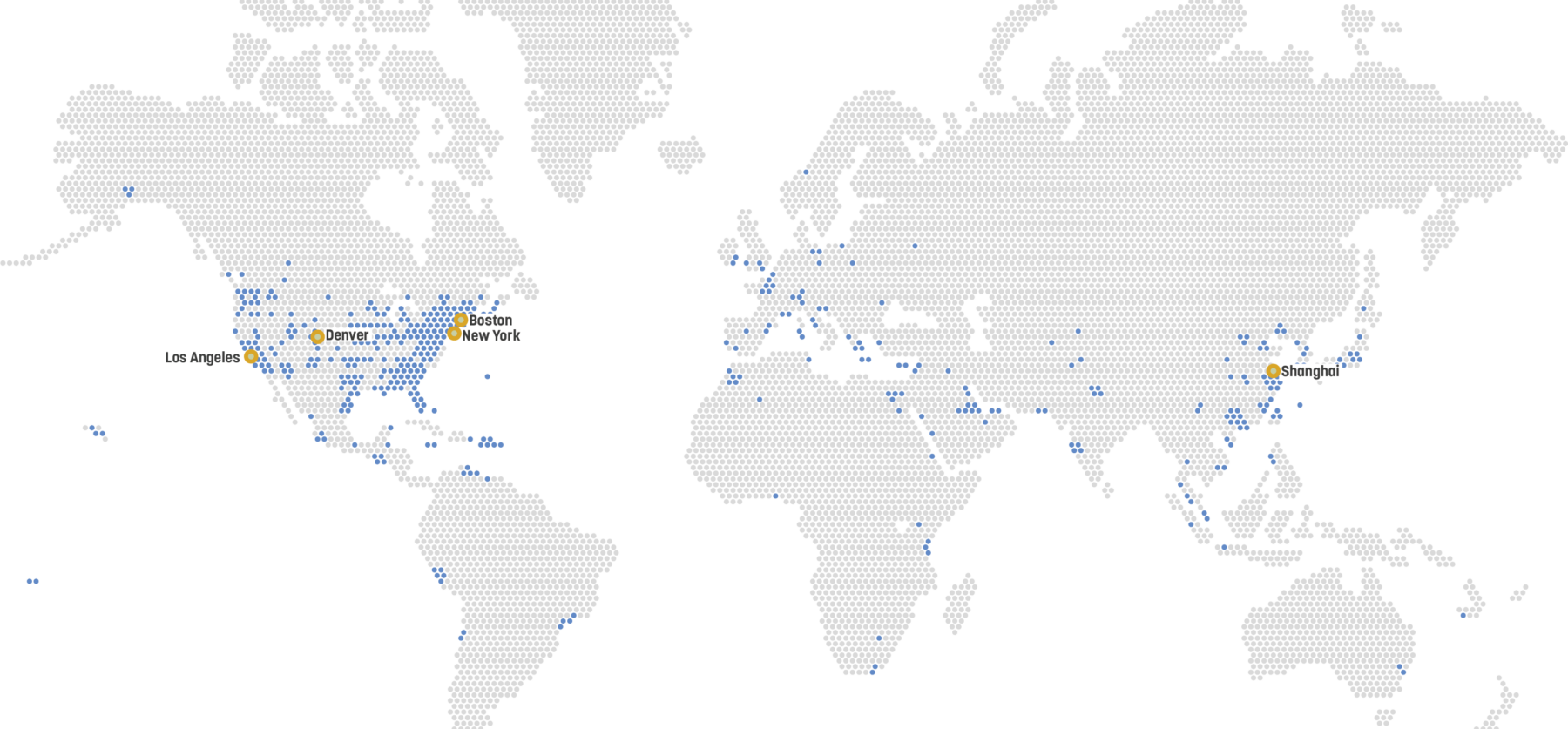 World map with dots and labels indicating Sasaki's studio locations in Boston, New York, Denver, Los Angeles and Shanghai