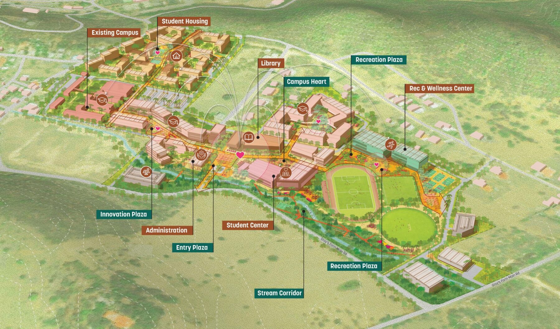 Aerial view of a campus map with labels for all the facilities