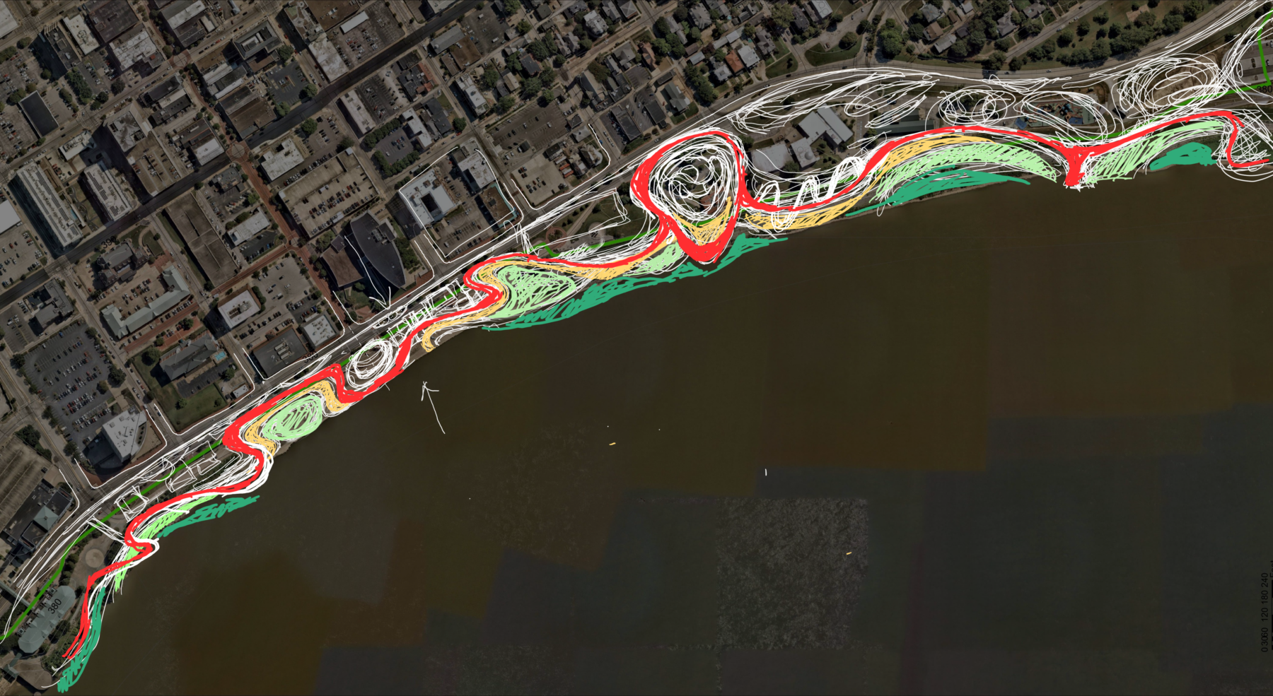 An early concept sketch of the Great Bend Park in Evansville, bringing the city to the water and the water to the city