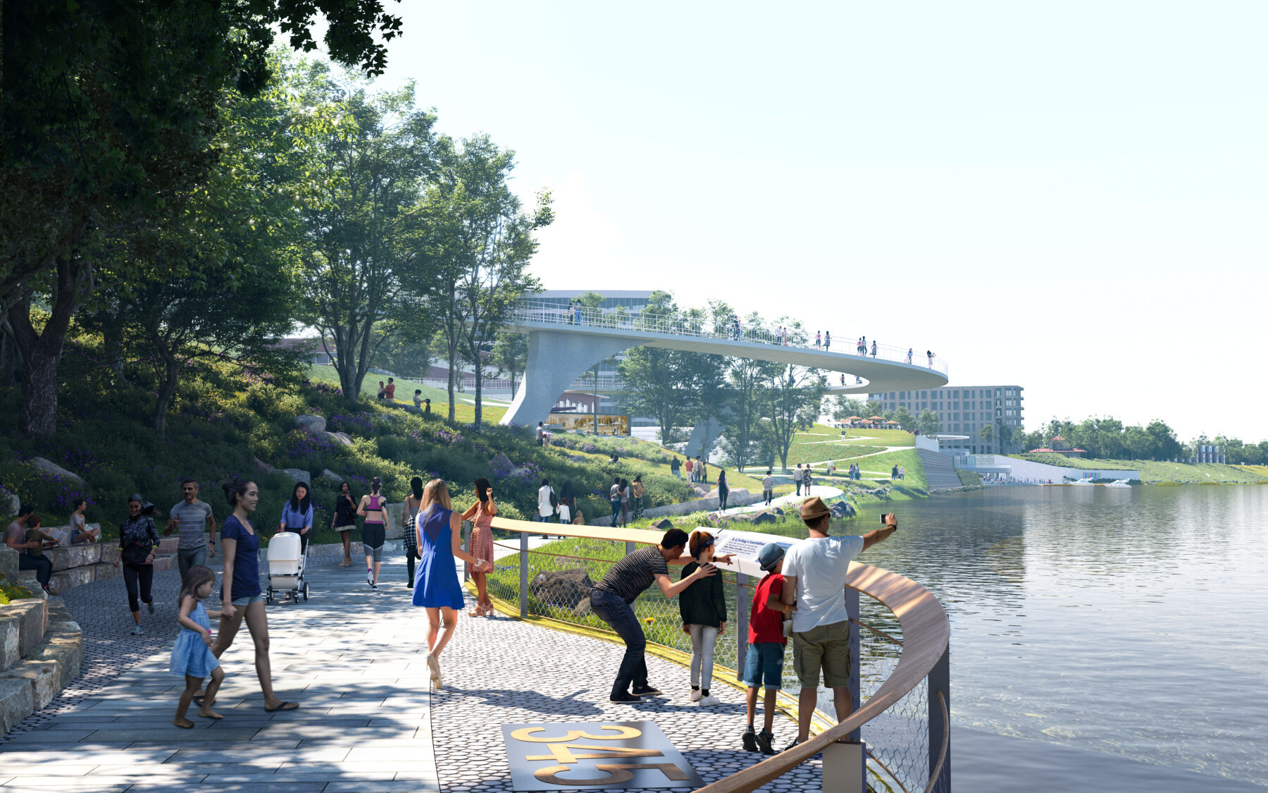 Rendering of the riverfront path and canopy walk at Great Bend Park in Evansville