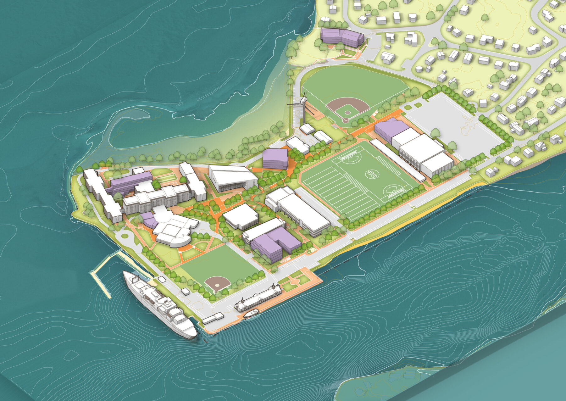 Illustrated campus axonometric map with proposed building massings in purple