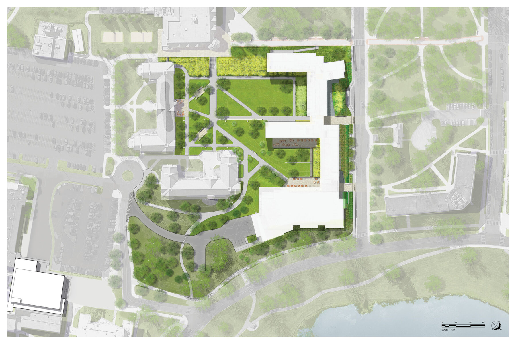 site plan with new building mass and its adjacency to other residential halls with new quads and campus pathways formed between the buildings