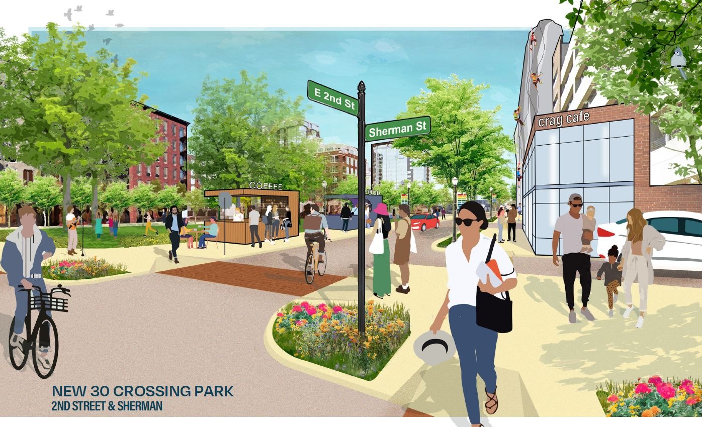 rendering of pedestrian walking across new streetscape