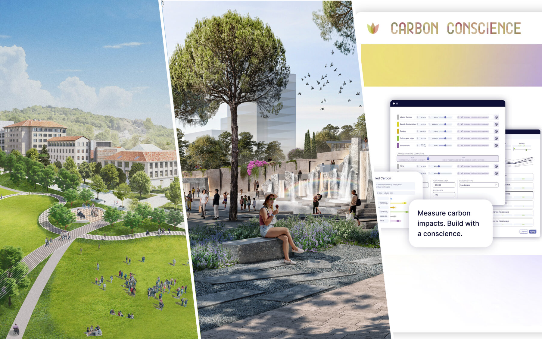 Image collage with renderings from the Ellinikon Park, UC Berkeley, and a screen capture of the Carbon Conscience tool