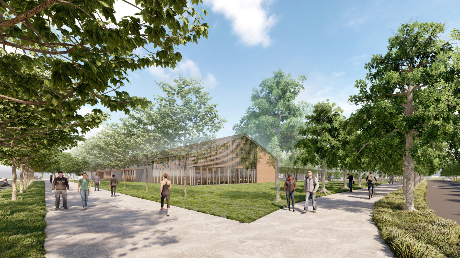 rendering of tree-line pedestrian walkways surrounding Princeton Racquet and Recreation Center
