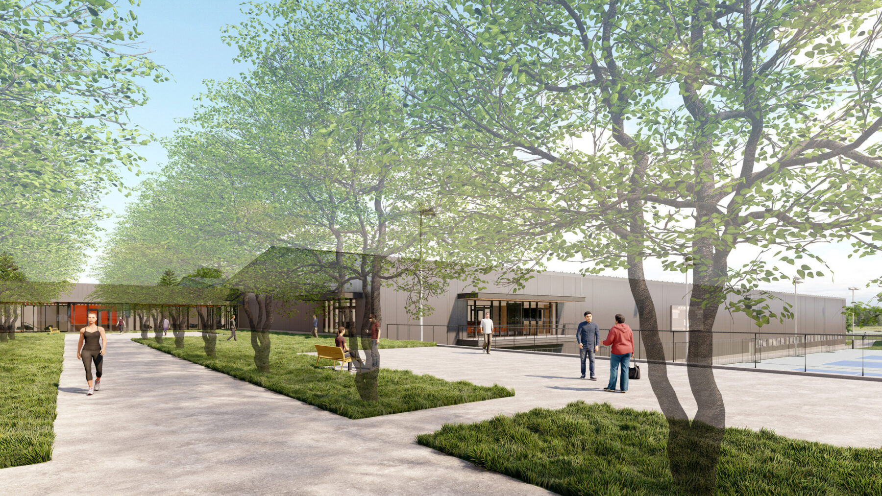 rendering of tree-line pedestrian walkways surrounding Princeton Racquet and Recreation Center