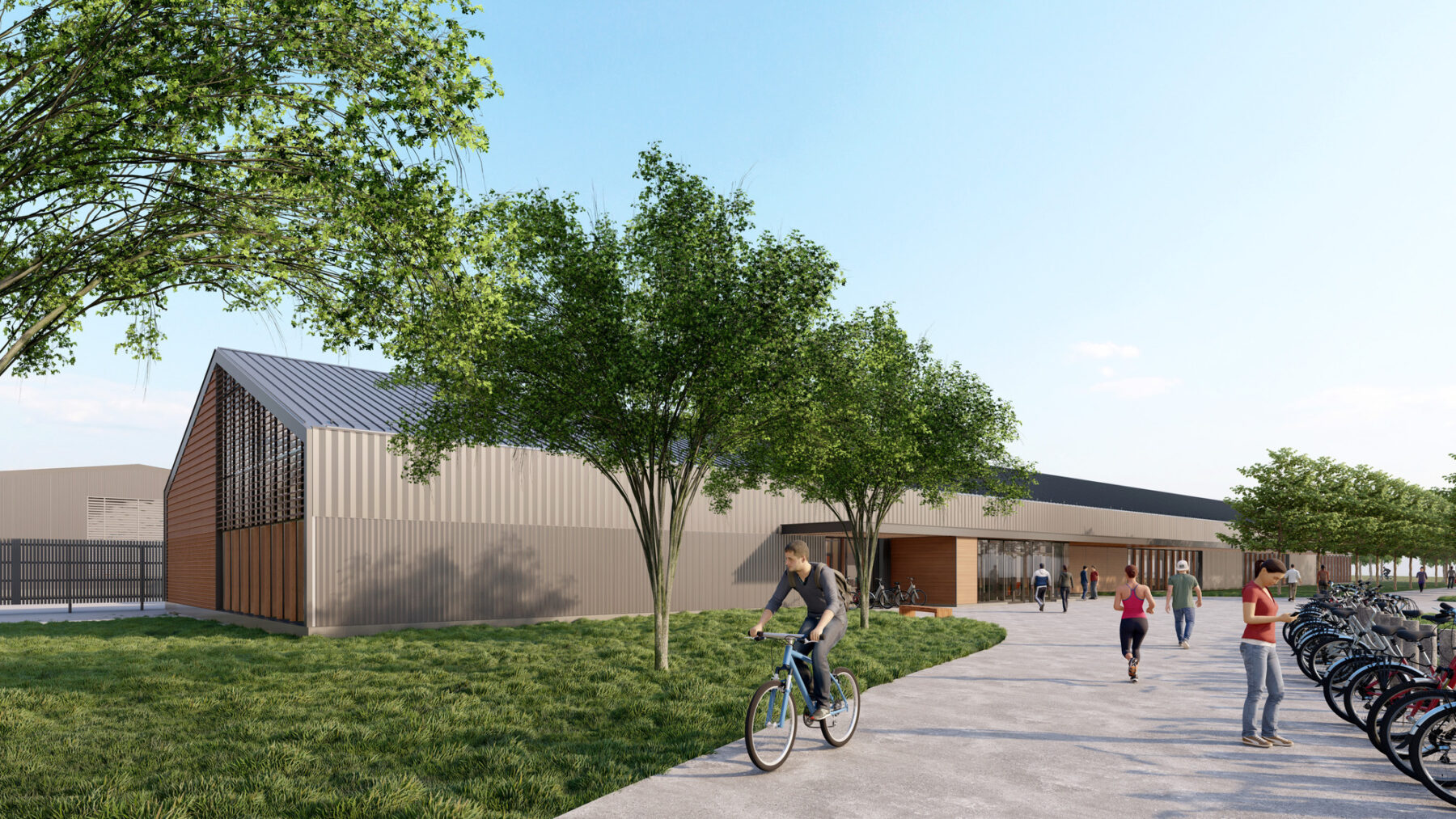 rendering of tree-line pedestrian walkways surrounding Princeton Racquet and Recreation Center