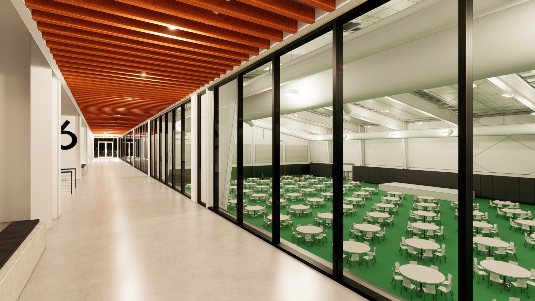 rendering of interior walkway with views over interior tennis courts