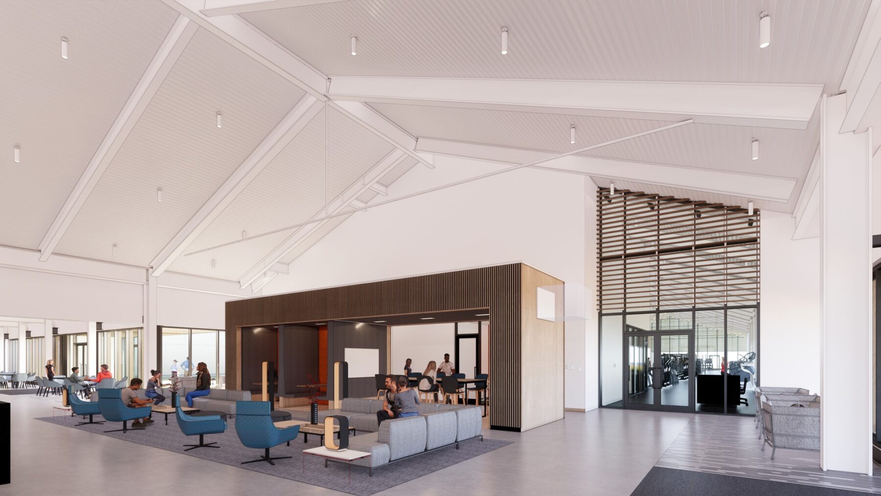rendering of lounge area inside Princeton Racquet and Recreation Center