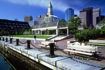 Old photo of Waterfront Park view from over the harbor looking back at the park from the wharf