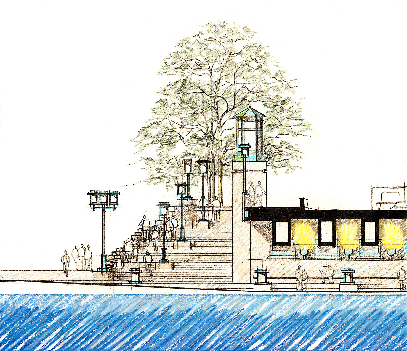 Hand drawing in colored pencil of the waterfront park with steps down to the water