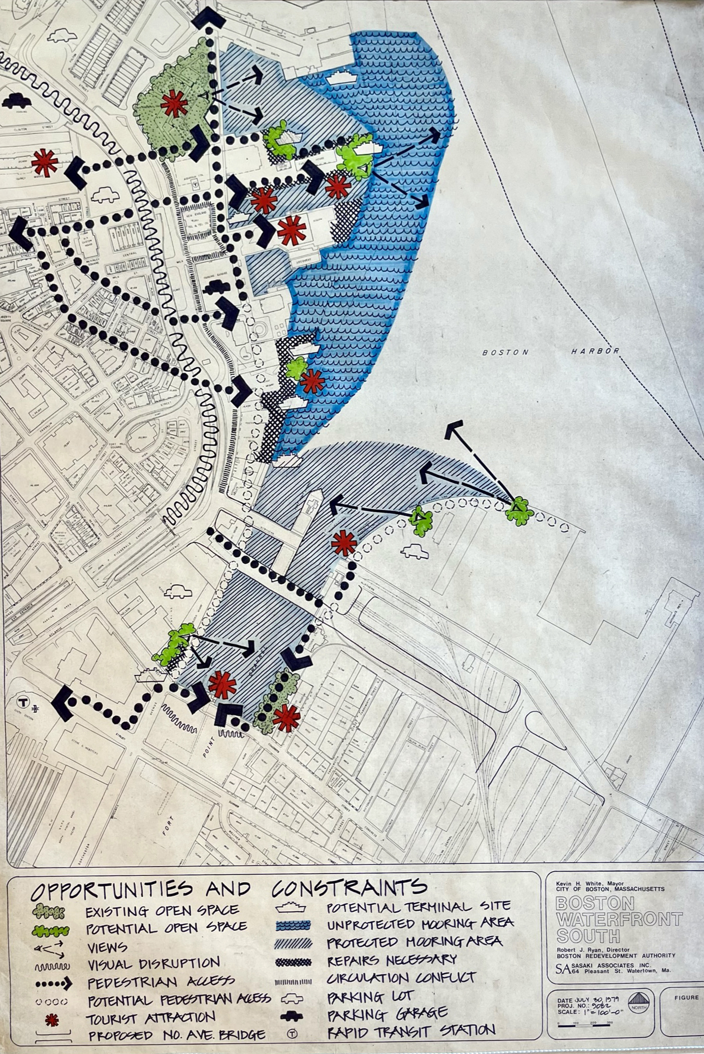 Hand drawn plans of the Boston Waterfront detailing the opportunities and constraints