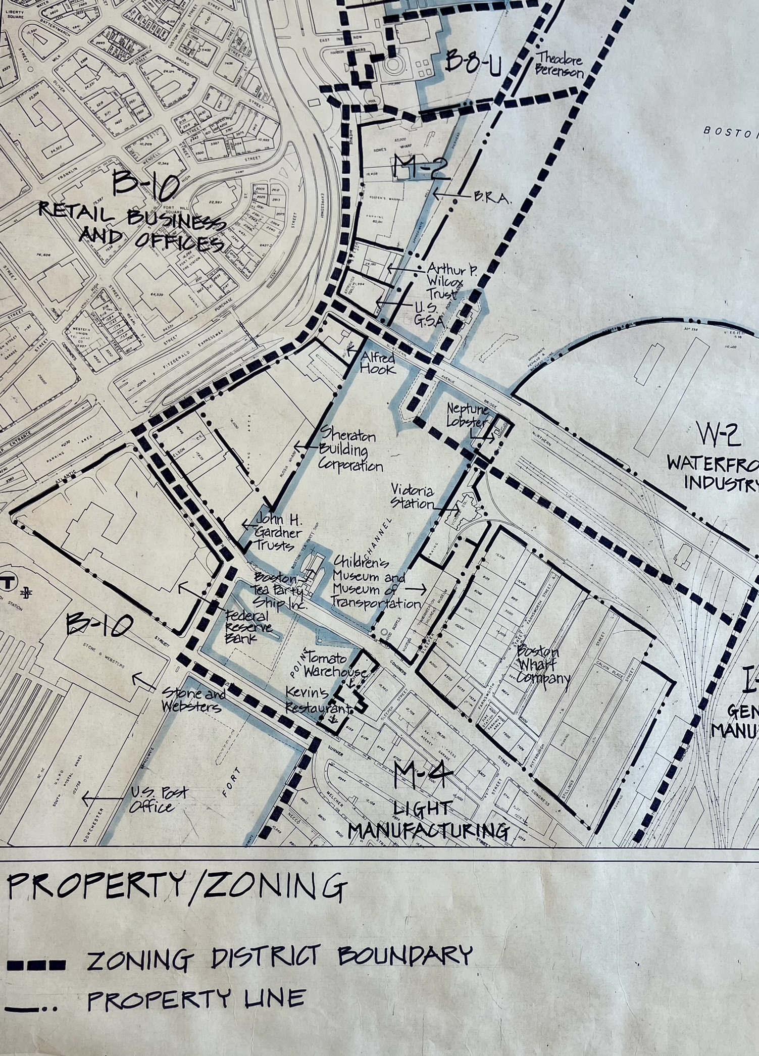 Photo of hand drawn plans diagramming the property zoning along Boston's waterfront