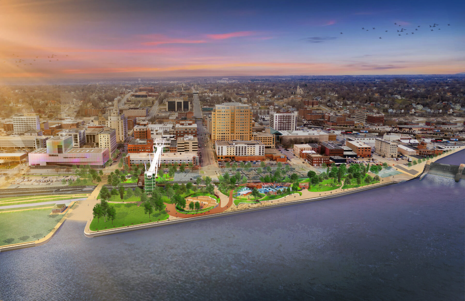 Aerial rendering of Davenport Main Street Landing
