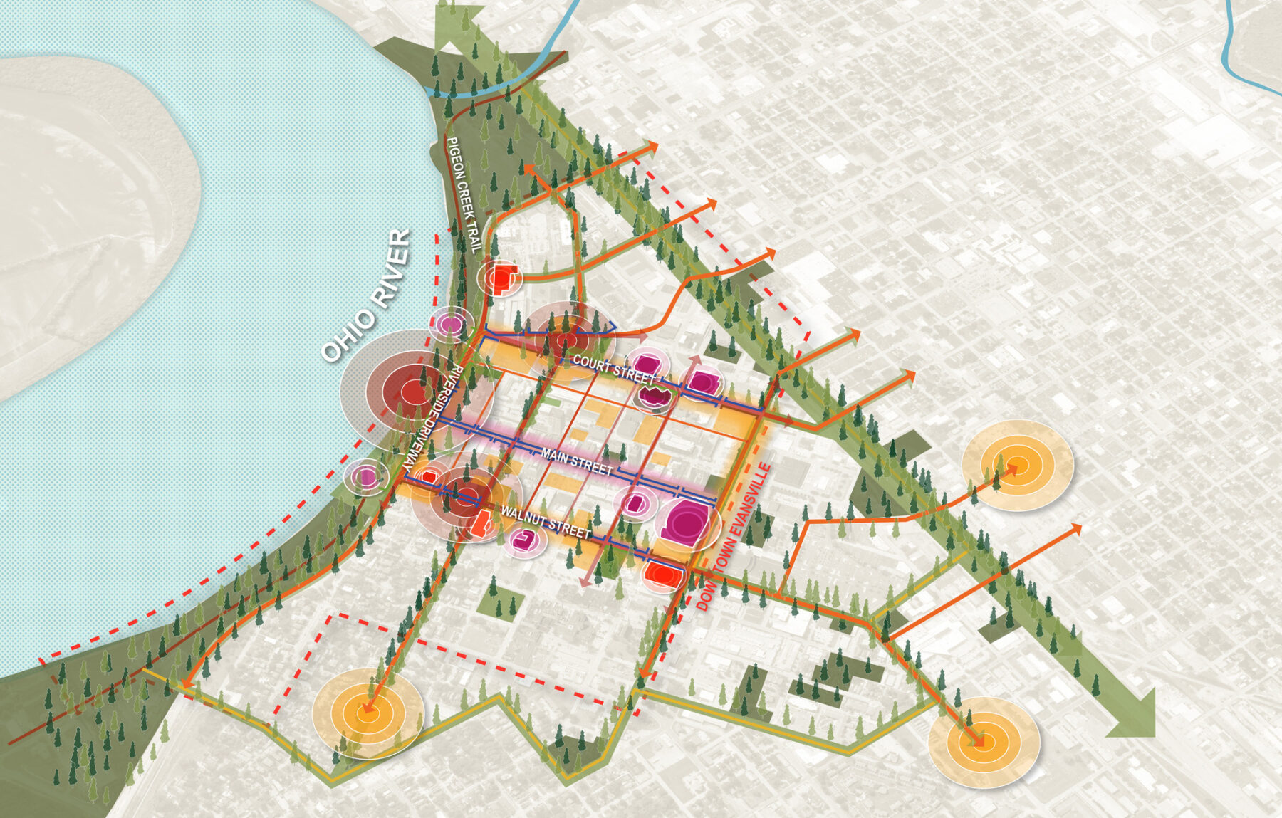 Diagram for Stitch the City concept with annotations on Court Street, Main Street, and Walnut Street indicating new public realm experiences
