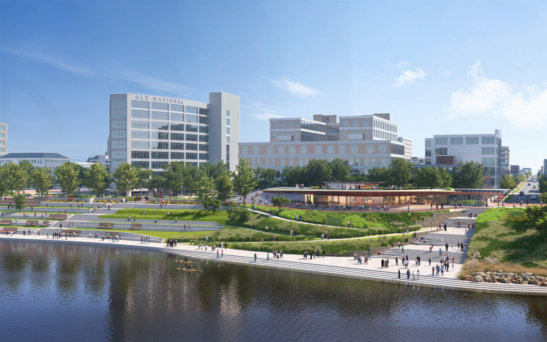 Rendering of aerial view across the river facing the new riverfront park in downtown Evansville