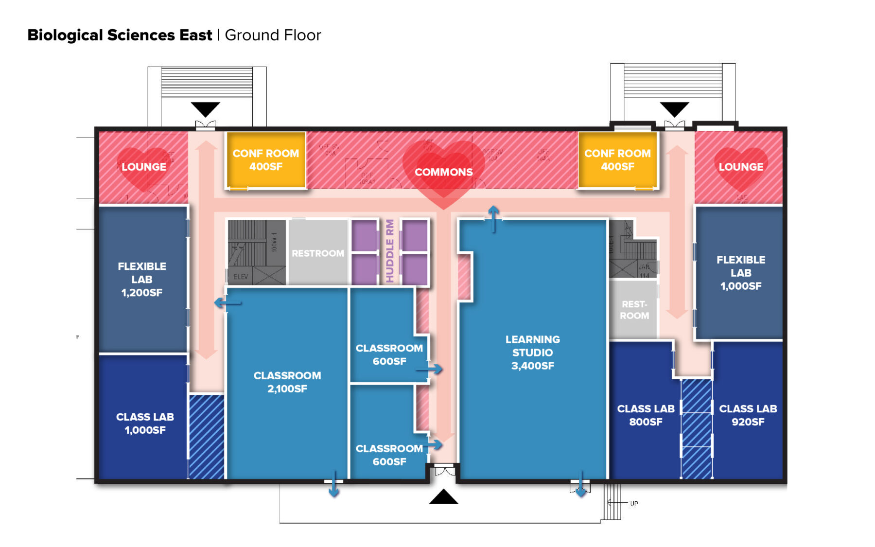 Biological Sciences building floorplan color coded to show the proposed retrofit