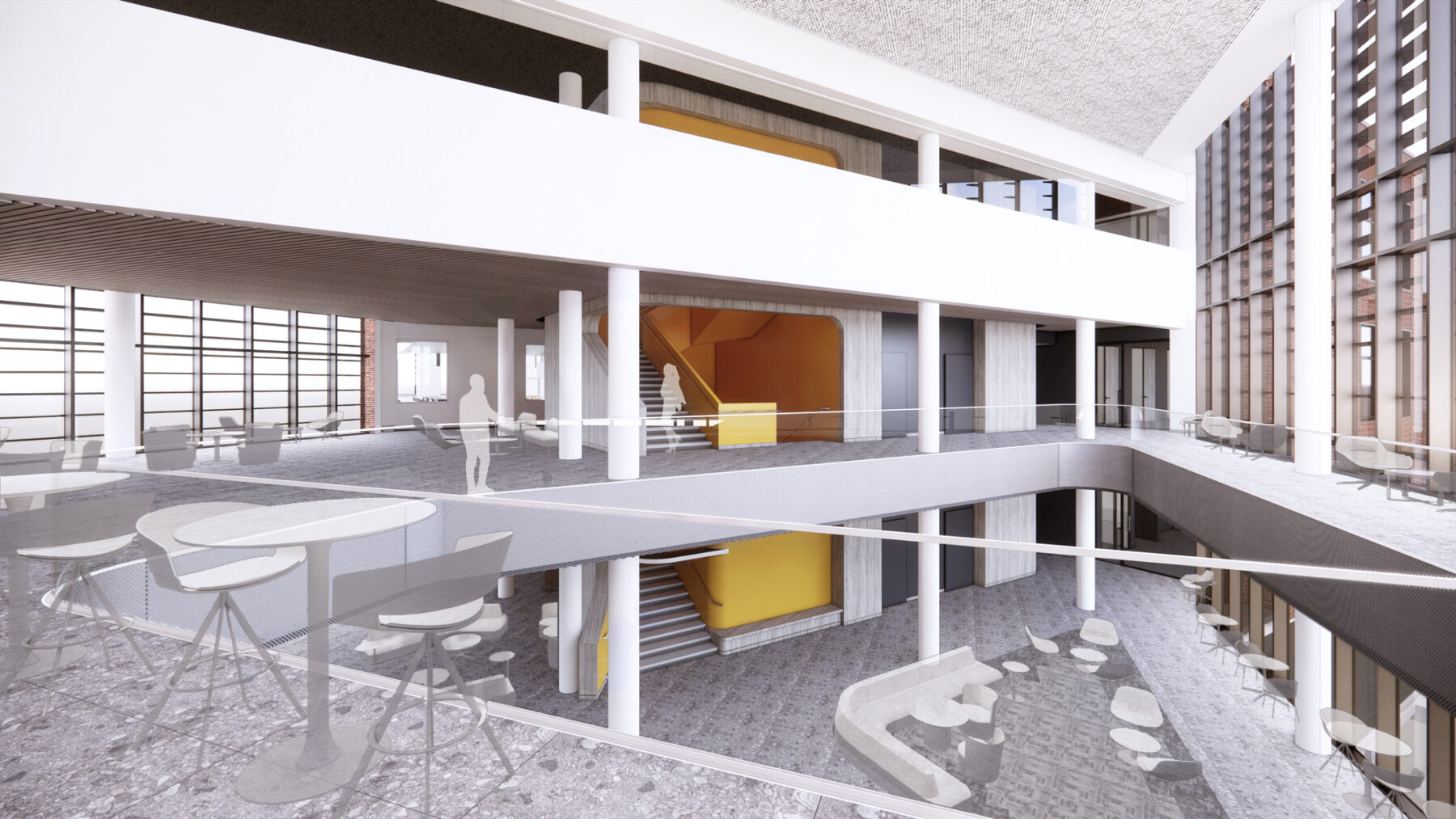 Rendered view of interior commons space