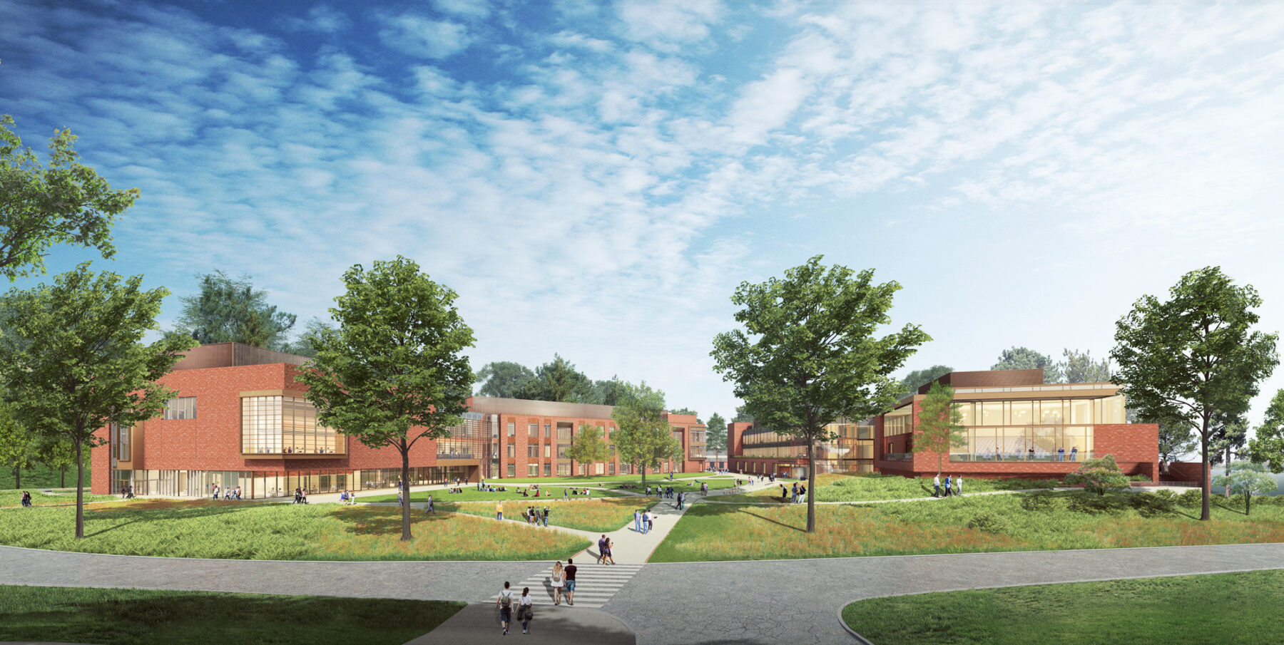 Rendering of the new campus area including the Academic building, School of Business Building, and landscaped areas between