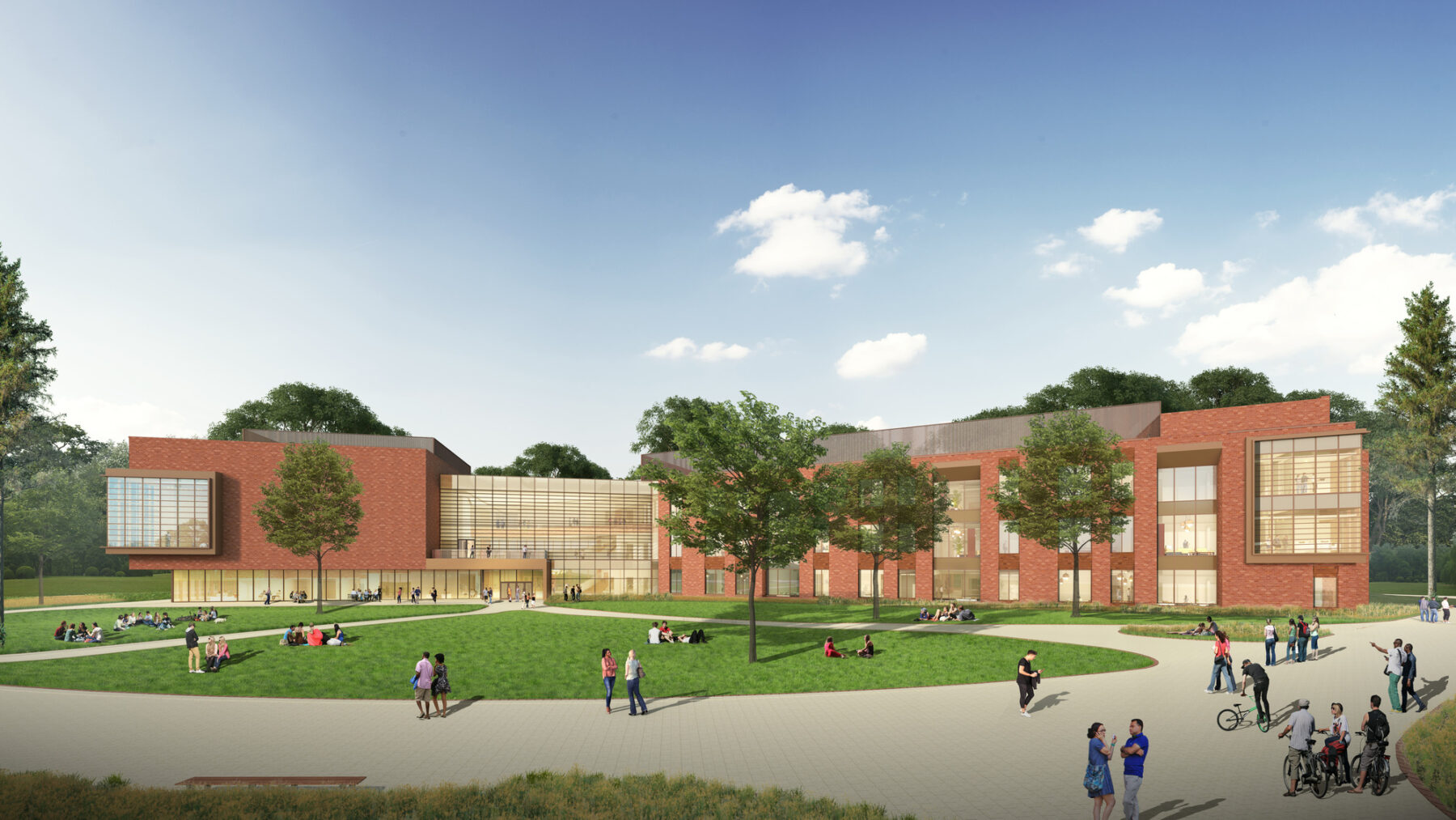 Rendering of the full building exterior with pedestrians walking outside