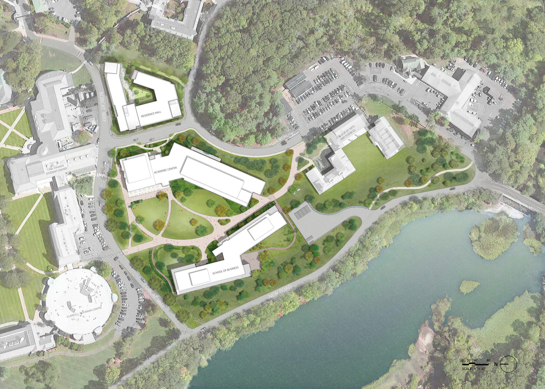 Site plan with landscaped area annotated including outlines of new academic and school of business buildings
