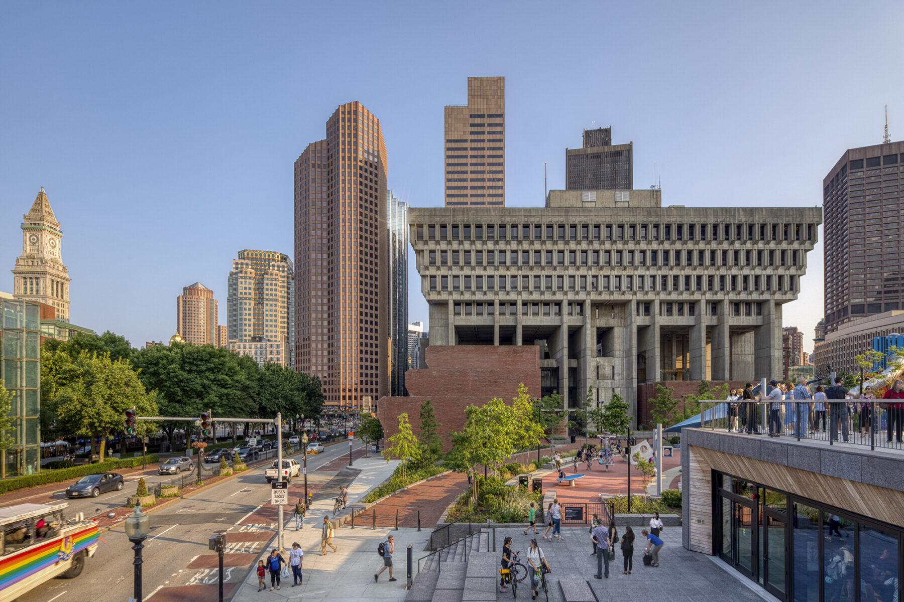 View of City Hall Plaza with city skyline in the background