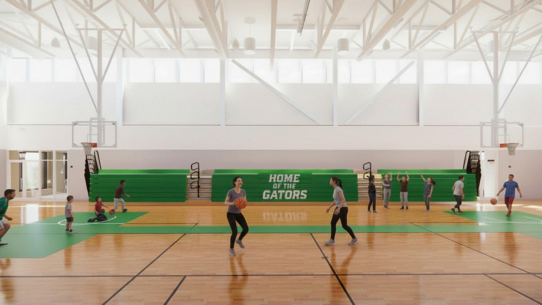 View of basektball court showing clerestory windows and two people playing