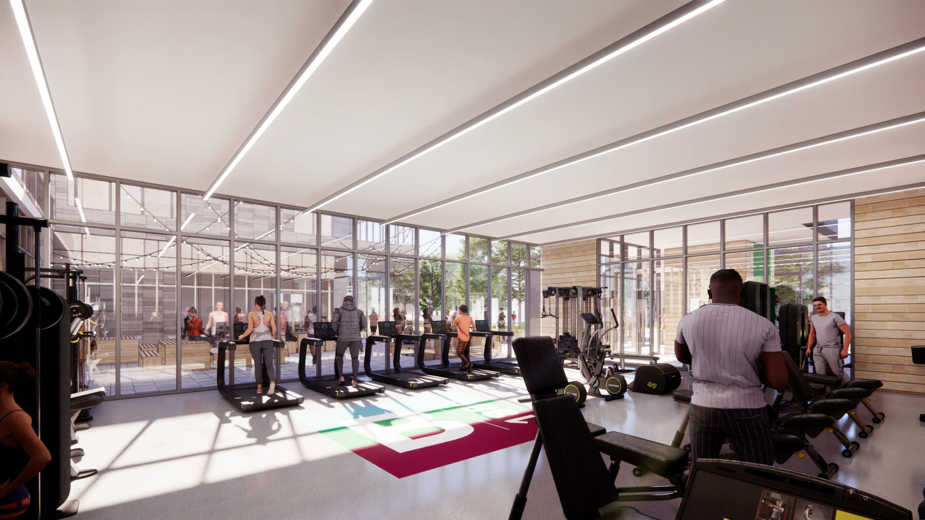 rendering of fitness space with students utilizing workout equipment