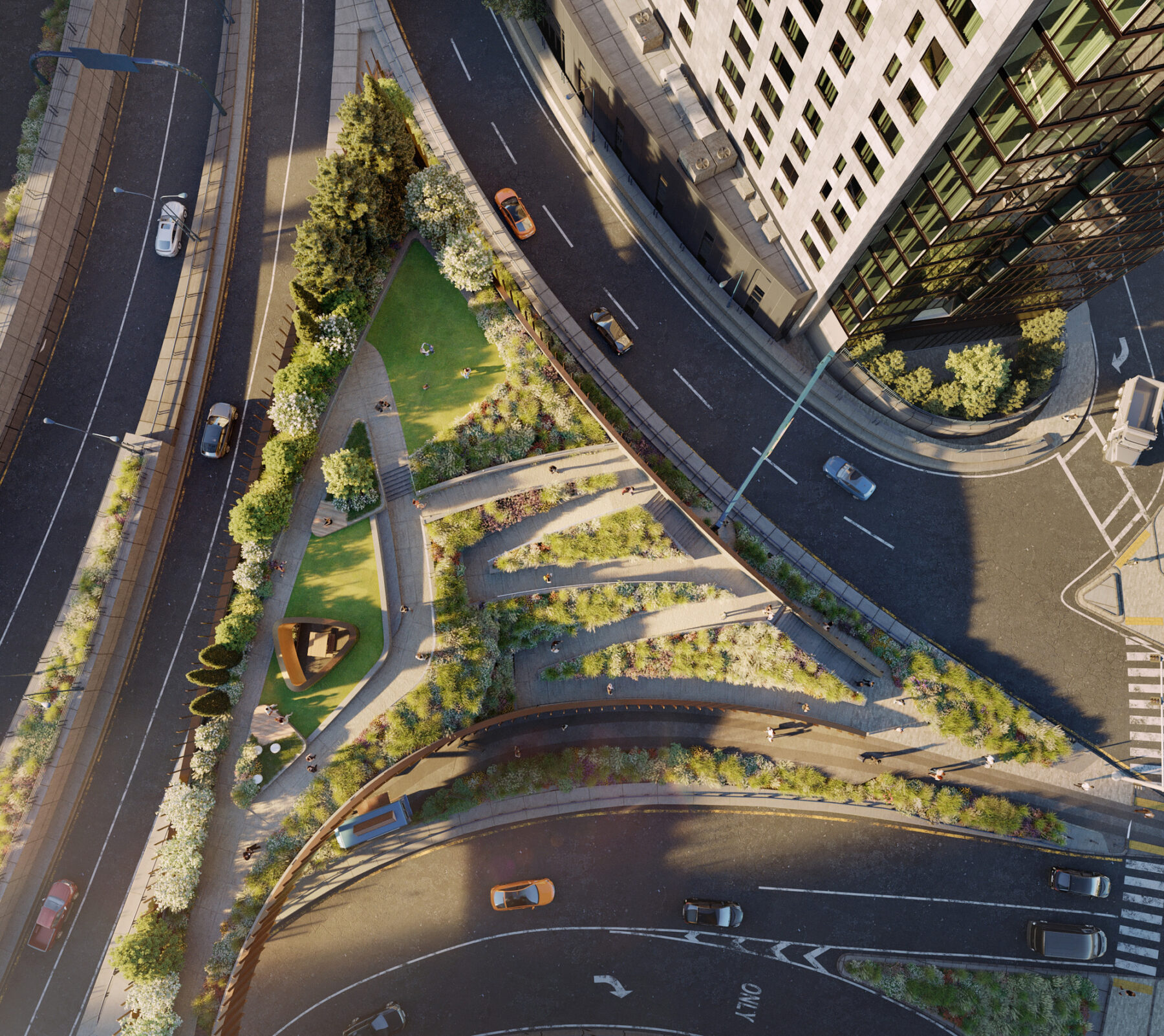 Aerial rendering of triangle-shaped park.