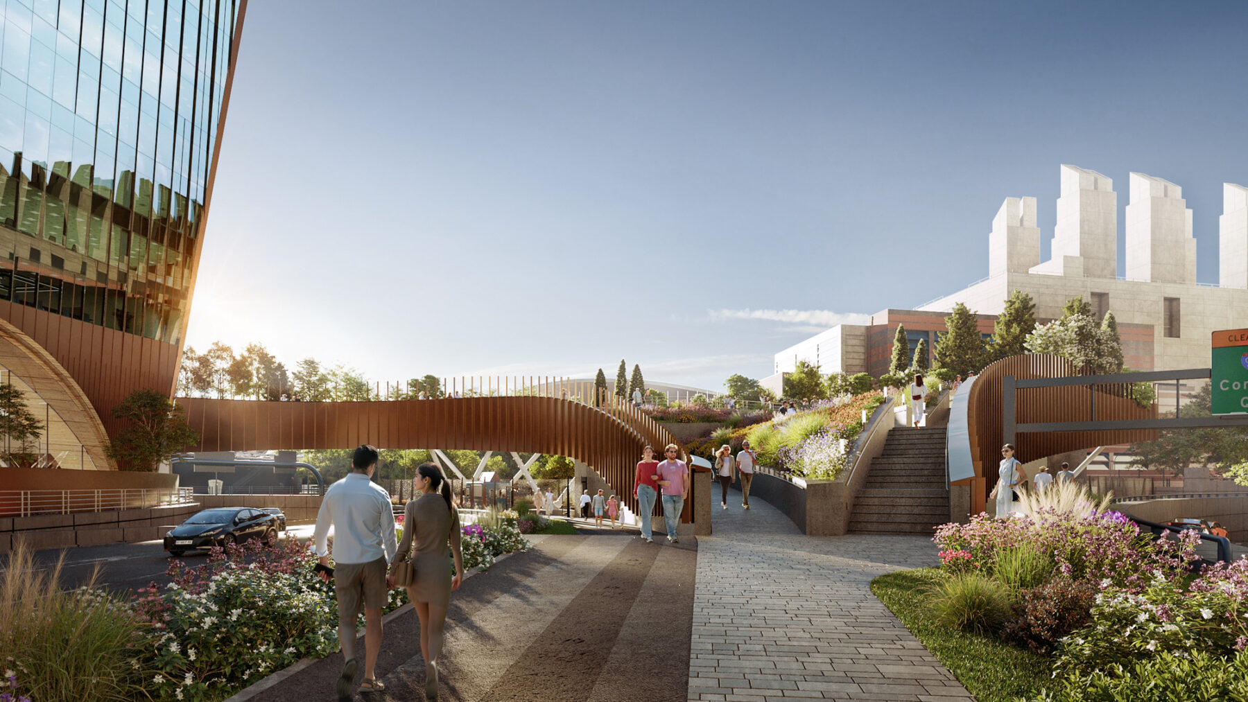 Rendering of public park next to glass office building