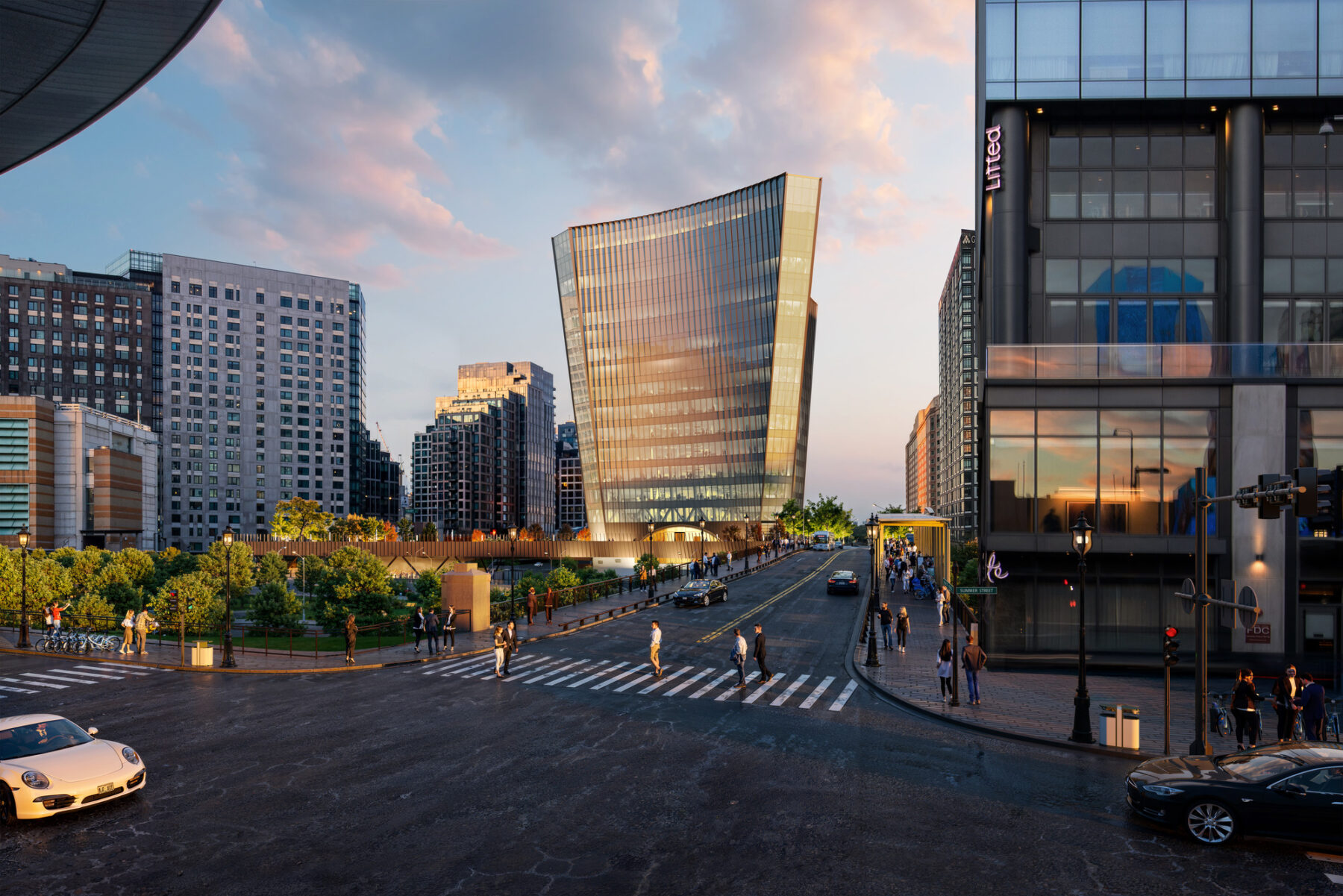 Rendering of downtown with office buildings, active streetscape with cars and pedestrians.