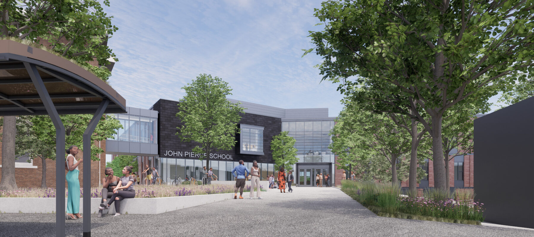 Rendering of a courtyard space in front of a school building