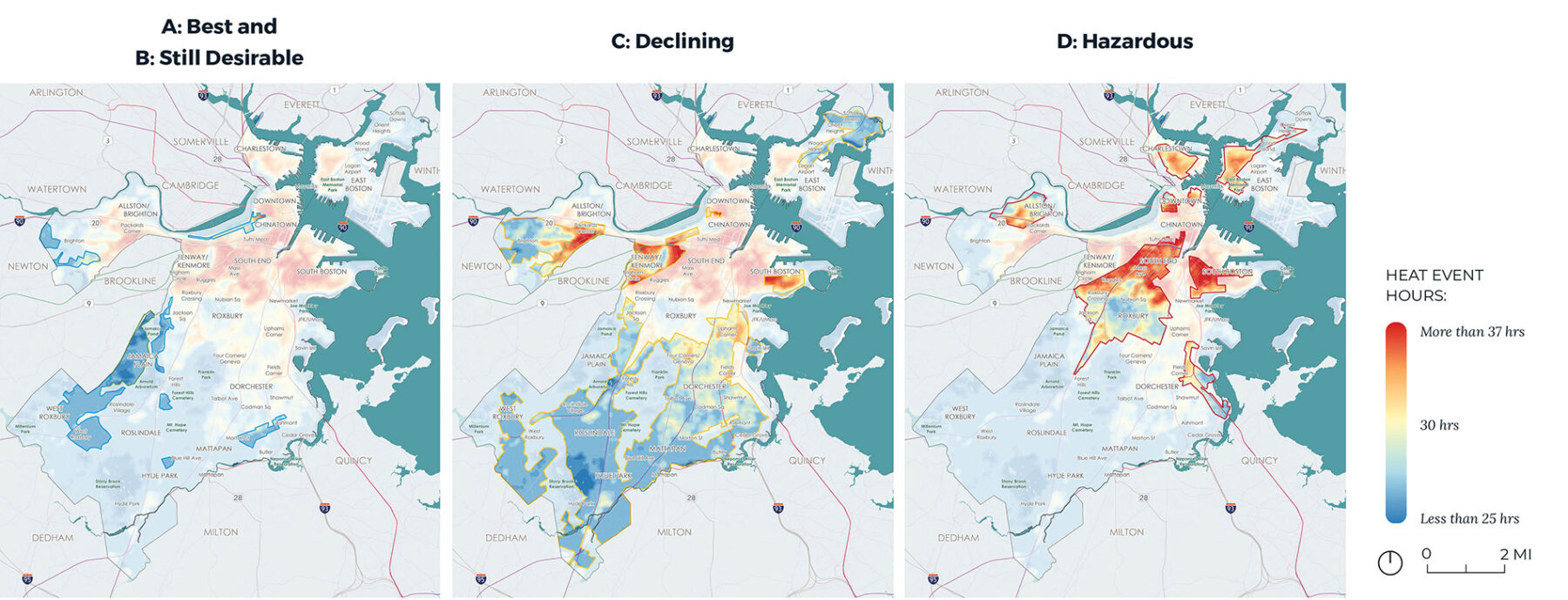 Three side-by-side diagrams of the city of Boston with varying levels of heat events across different geographies