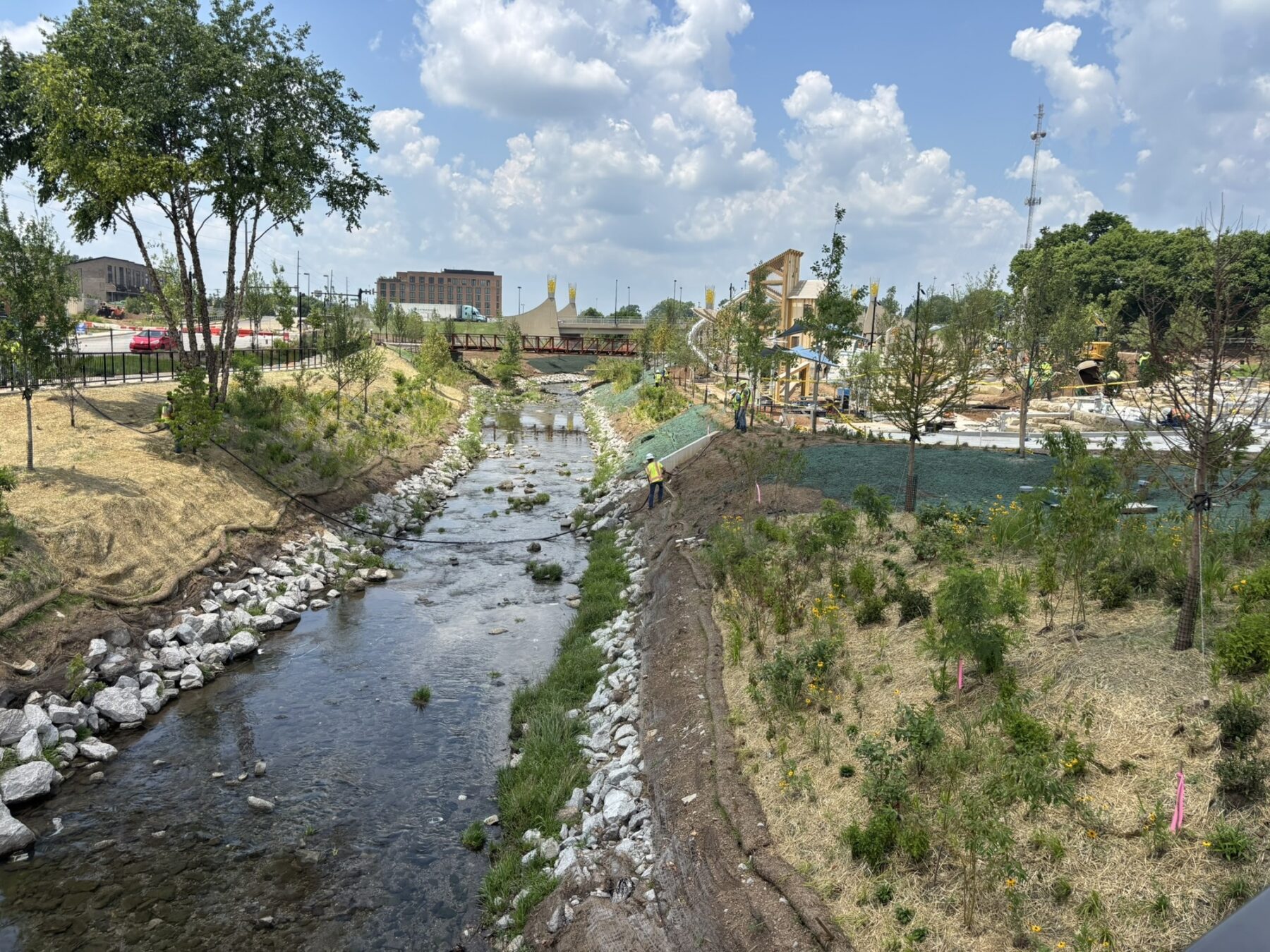 Photo of Gatton Park Creek with restoration in progress and new creek walls added