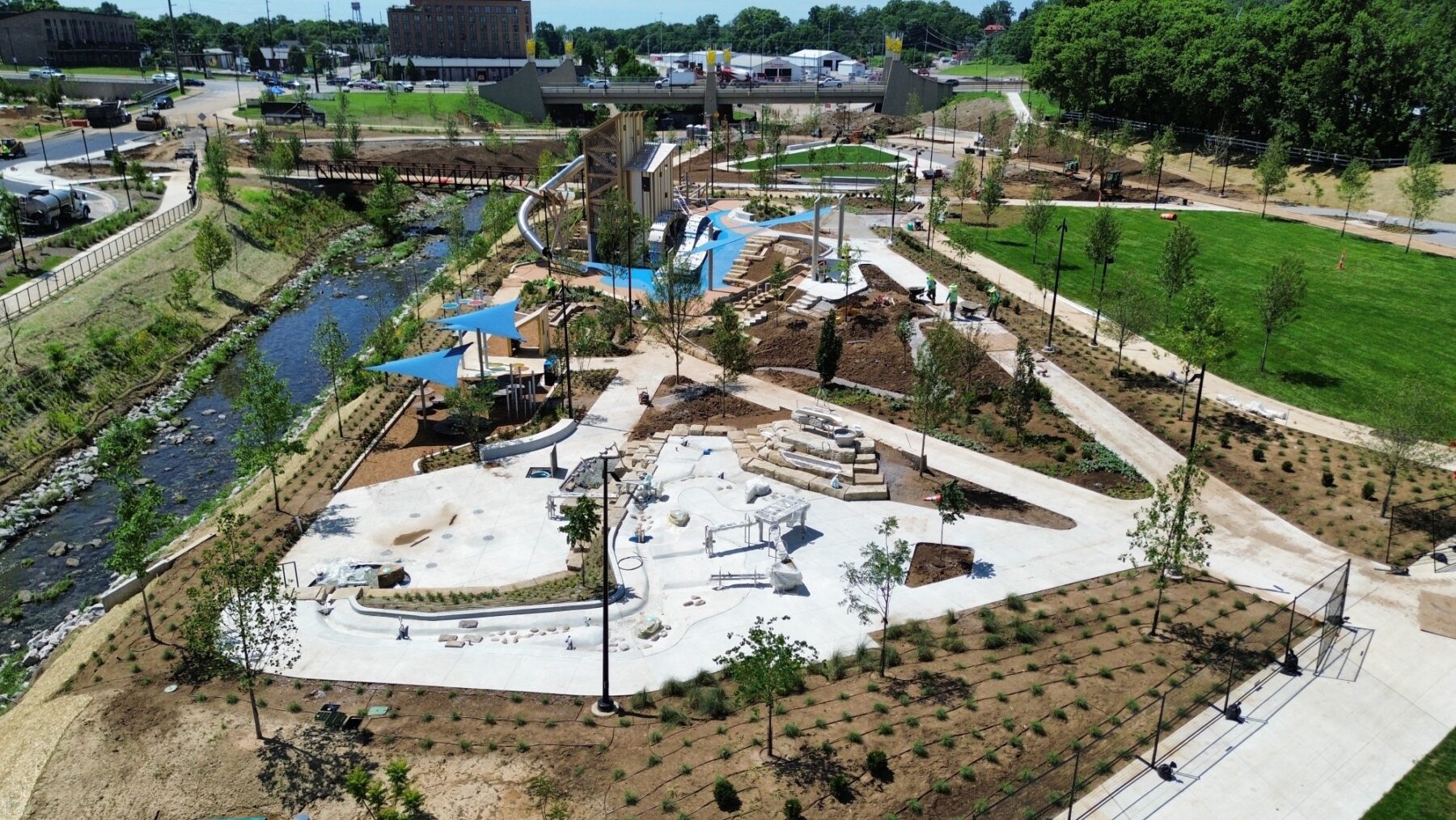Aerial photo of Gatton Park construction with play equipment installed and new pavement and planting areas underway