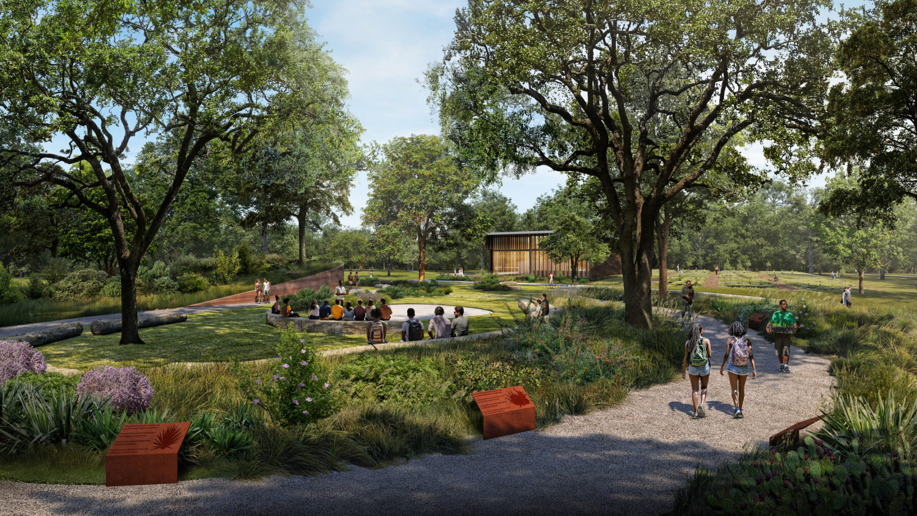 rendering of pedestrians walking through tree lined pathway in arboretum