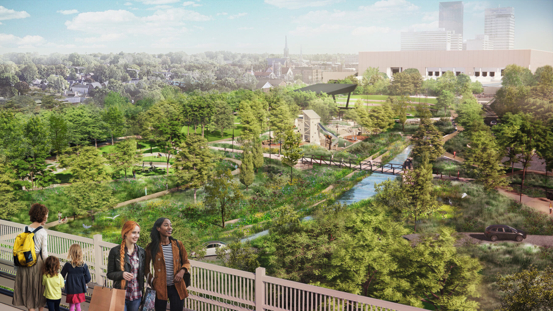 Rendering showing aerial view of Gatton Park on the Town Branch with the River running through it