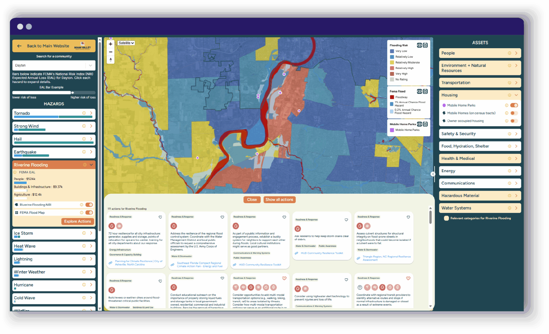 MVRPC Data Explorer screenshot with example visualizing flood risk and location of mobile home parks on the map