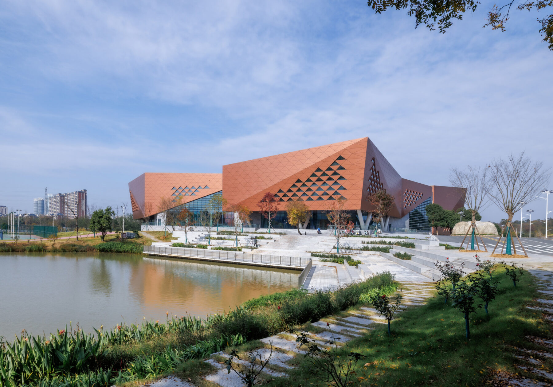 Aerial photo of building and surrounding landscape
