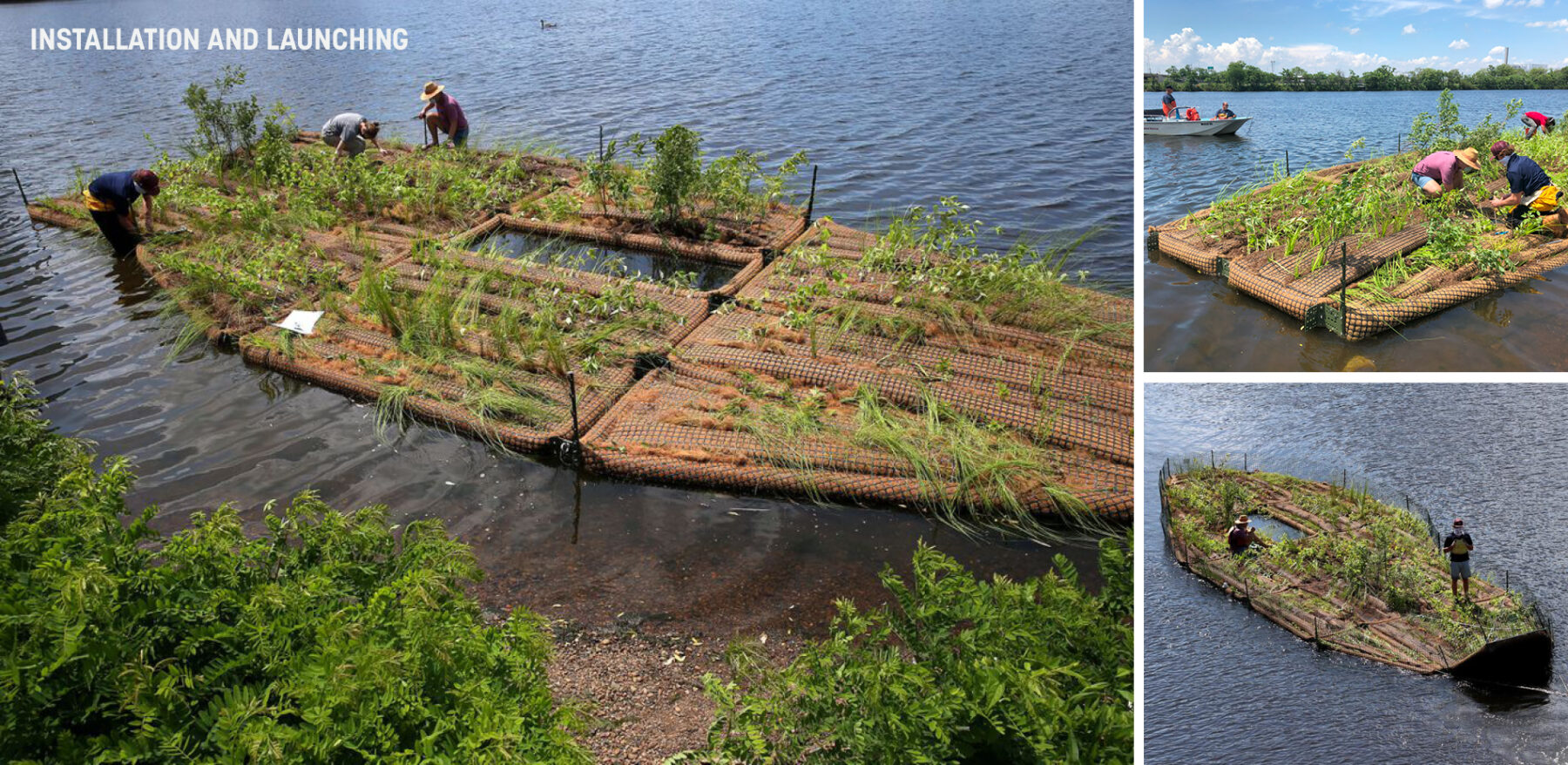 image collage of the floating wetland structures in the Charles River
