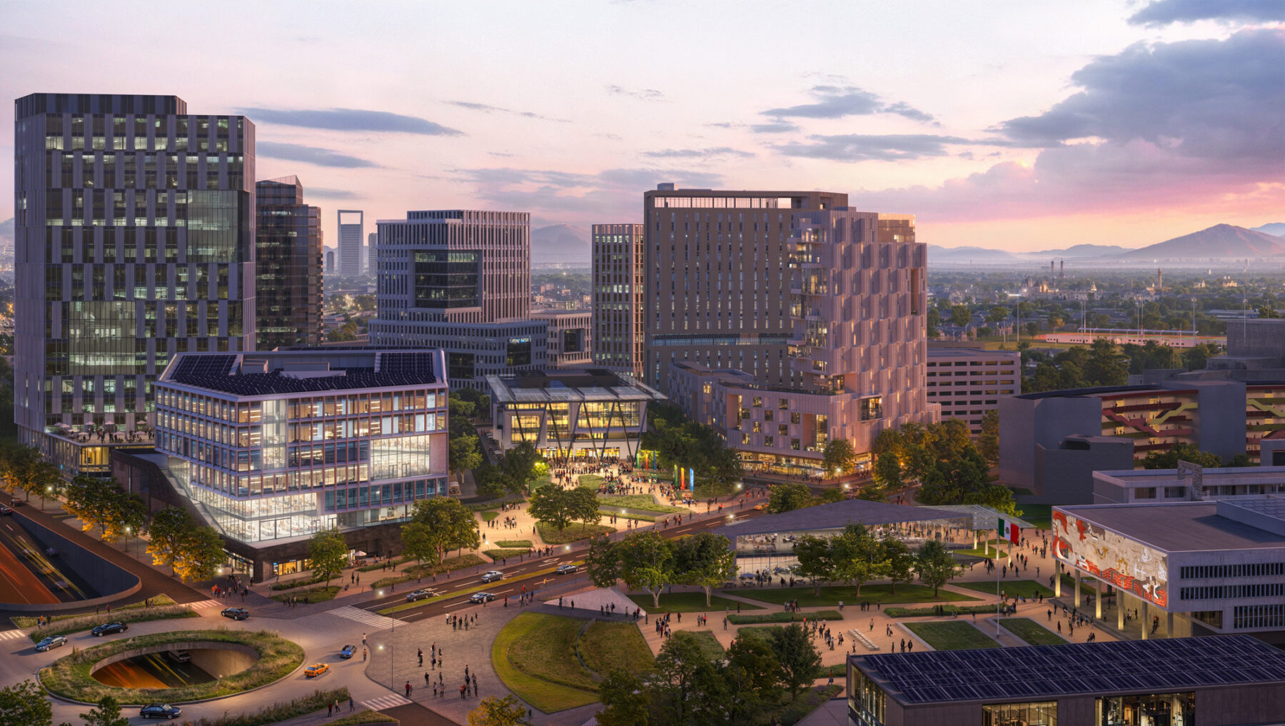 Rendering of aerial view of a campus in the middle of a large city