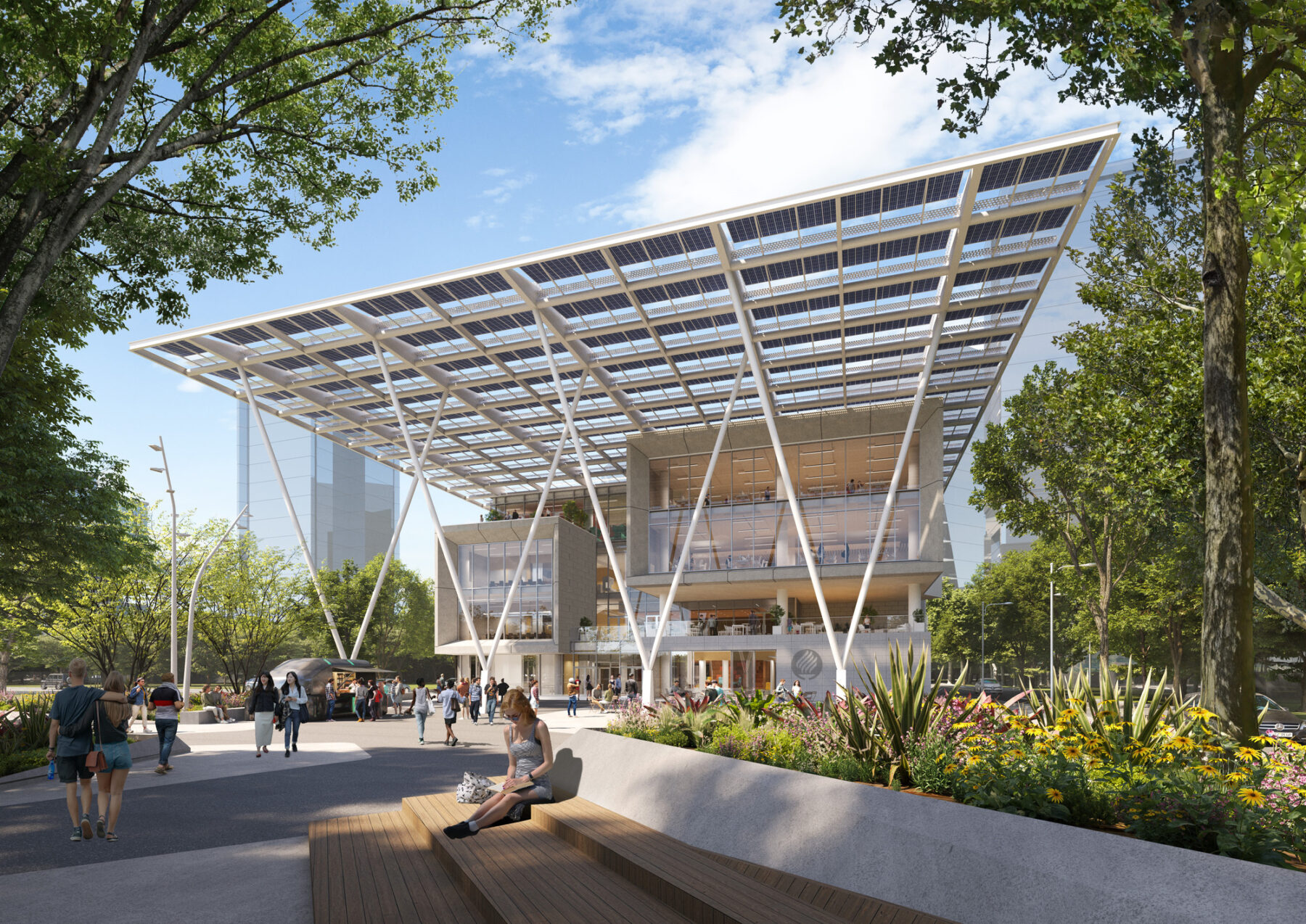 rendering of a large building with an extended louver canopy