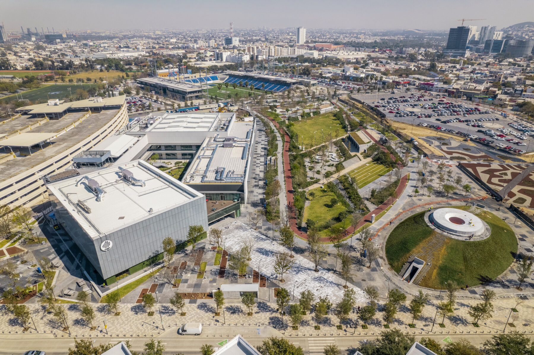 aerial photo of campus with view of green space and buildings