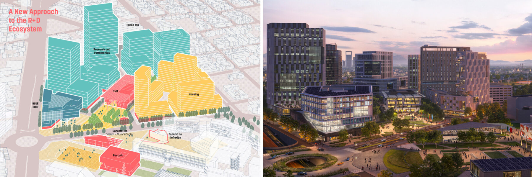 two side-by-side aerial views showing the Innovation District at Monterrey Tec. The image on the left is a colorful diagram showing different buildings in the district. The image on the right is an aerial nighttime rendering of the district.