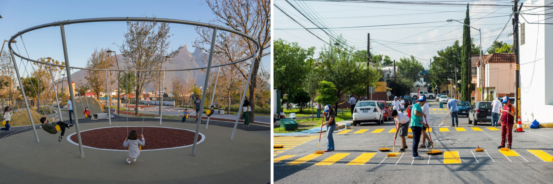 Two side-by-side photos, on the left, a photo of children swinging on a round swing set, on the right, people painting a yellow crosswalk