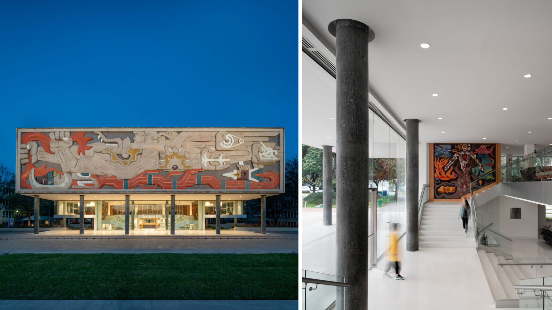 Two side-by-side photos of La Rectoria. One is an exterior nighttime view, the other is a daytime interior view