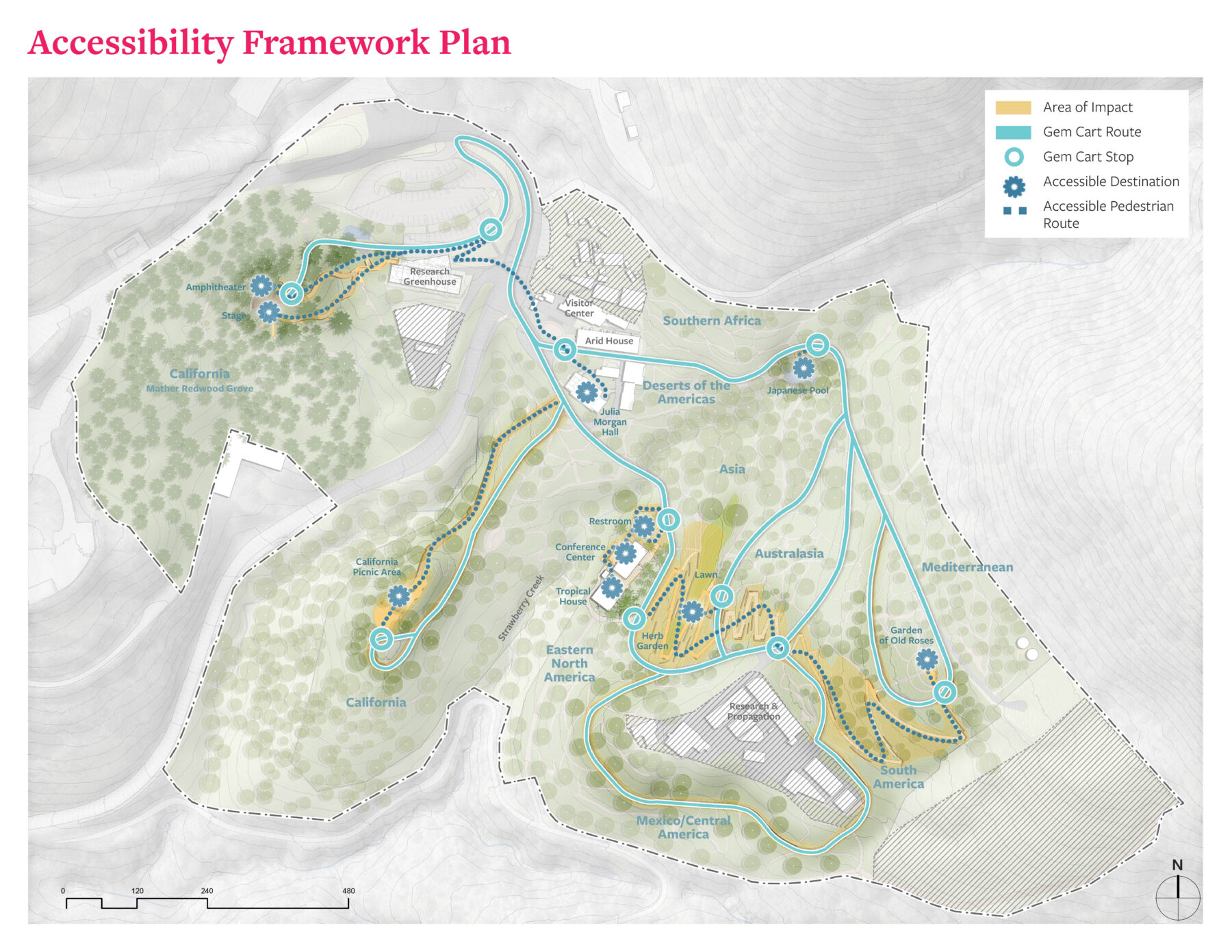 site plan of botanical garden with routes and destinations